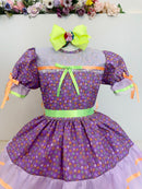 Vestido Infantil Junino Lilás Com Estampa Florzinhas Festas