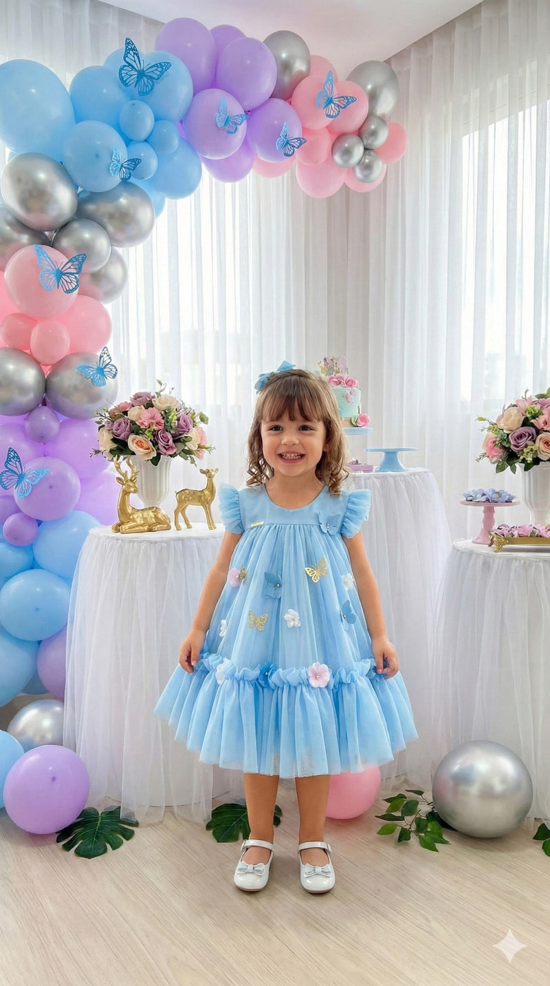 Vestido Vila Lele Jardim das Borboletas Baby Liz Azul Bebe