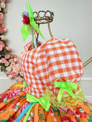Vestido Infantil Junino Caipira Xadrez Laranja Flores Coloridas