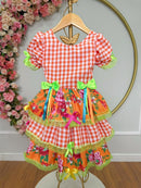 Vestido Infantil Junino Caipira Xadrez Laranja Flores Coloridas