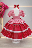 Vestido Infantil Junino Caipira Arraiá Vermelho Xadrez Laços