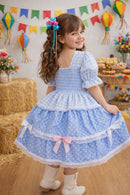 Vestido Infantil Junino Caipira Arraiá Azul Claro Xadrez Laços