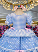 Vestido Infantil Junino Caipira Arraiá Azul Claro Xadrez Laços