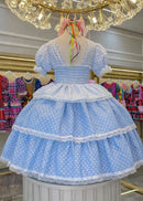 Vestido Infantil Junino Caipira Arraiá Azul Claro Xadrez Laços