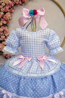 Vestido Infantil Junino Caipira Arraiá Azul Claro Xadrez Laços