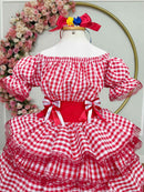 Vestido Infantil Junino Arraiá Festas Vermelho Xadrez