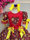 Vestido Infantil Junino Vermelho Xadrez Colorido Girassol C/ Bolsinha