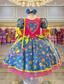 Vestido Infantil Junino Pink Xadrex Colorido Girassol C/ Bolsinha
