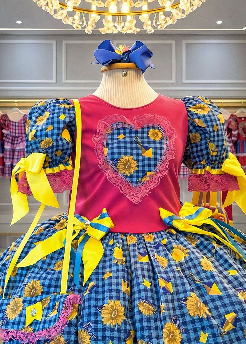 Vestido Infantil Junino Pink Xadrex Colorido Girassol C/ Bolsinha