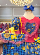 Vestido Infantil Junino Pink Xadrex Colorido Girassol C/ Bolsinha