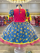 Vestido Infantil Junino Pink Xadrex Colorido Girassol C/ Bolsinha