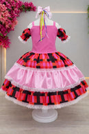 Vestido Infantil C/ Alça Junino Caipira Rosa Xadrez Colorido