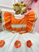 Vestido Infantil Moana Laranja Com Apliques de Flores Festas