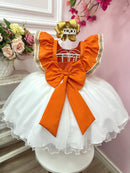 Vestido Infantil Moana Laranja Com Apliques de Flores Festas