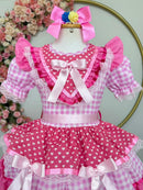 Vestido Infantil Junino Arraiá Rosa Estampa Coraçõezinhos