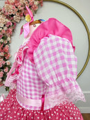 Vestido Infantil Junino Arraiá Rosa Estampa Coraçõezinhos