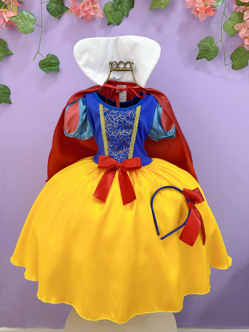 Vestido Fantasia Infantil Branca de Neve Amarelo Capa Tiara