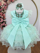 Vestido Infantil Verde Menta Saia C/ Babados e Glitter Festas