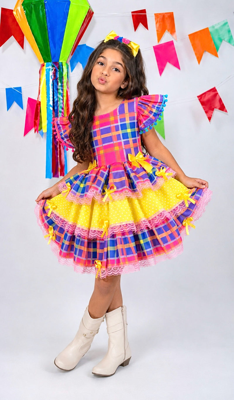 Vestido Infantil Junino Arraiá Capira Xadrez Colorido com Laços e Renda