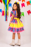 Vestido Infantil Junino Arraiá Capira Xadrez Colorido com Laços e Renda