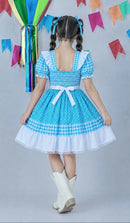 Vestido Junino Infantil Azul Turquesa Xadrez com Corações e Renda