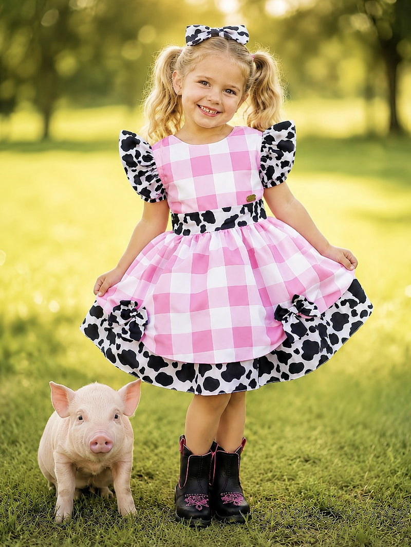 Vestido Infantil Xadrez Branco Rosa Fazendinha Vaquinha Laço