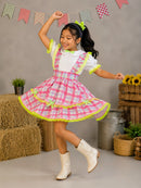 Conjunto Infantil Junino Salopete Xadrez Rosa Verde