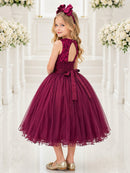 Vestido Infantil Marsala Rendado Luxo Flores em Aplique