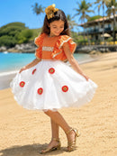 Vestido Infantil da Moana Laranja C/ Apliques de Flores Festa