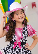 Vestido Infantil Xadrez Pink Fazendinha Vaquinha Boiadeira Laço