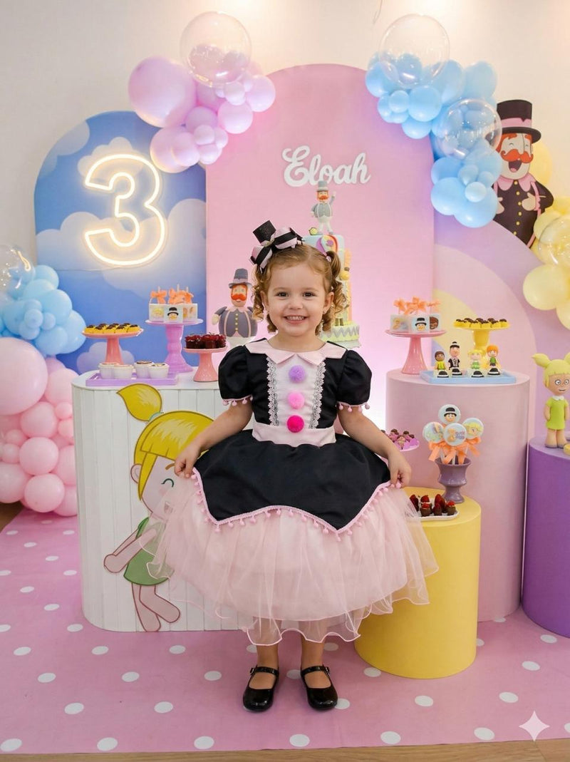 Vestido Temáticos Kids Mundo Bita Preto e Rosa
